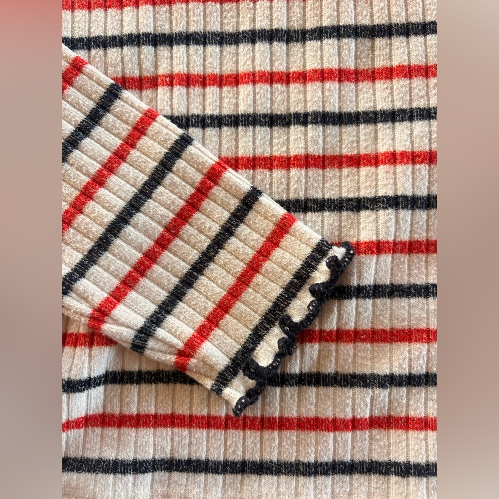 J. Crew Red Navy White Striped Ruffle Ribbed Mock Neck Long Sleeve Turtleneck - Picture 2 of 4